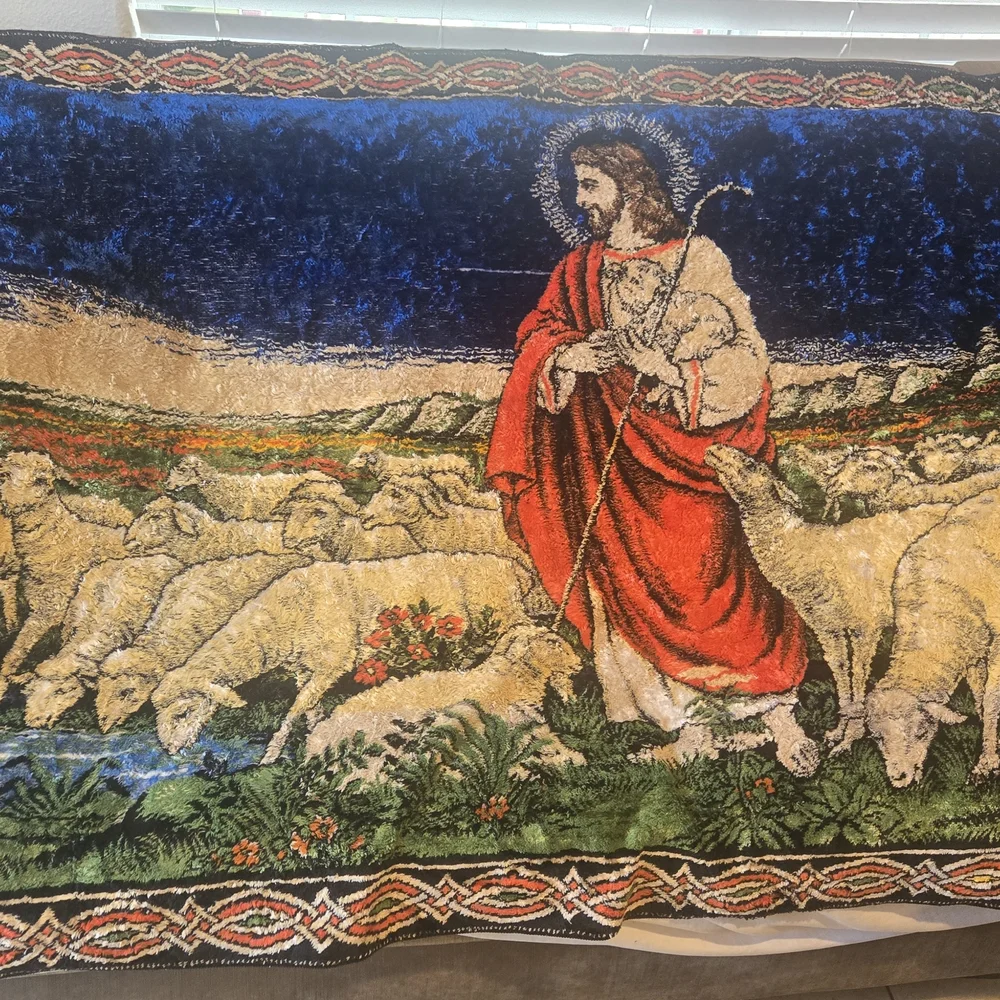Religious Tapestry Wall Art with Red and Blue Accents